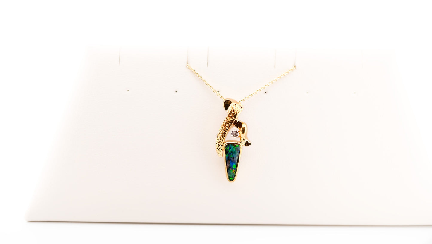 Custom 18k Gold Pendant with Australian Boulder Opal & Diamond