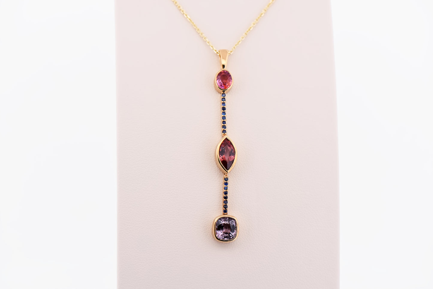 Custom 18k Pendant with Spinel, Garnet and Padparadscha & Blue Sapphires