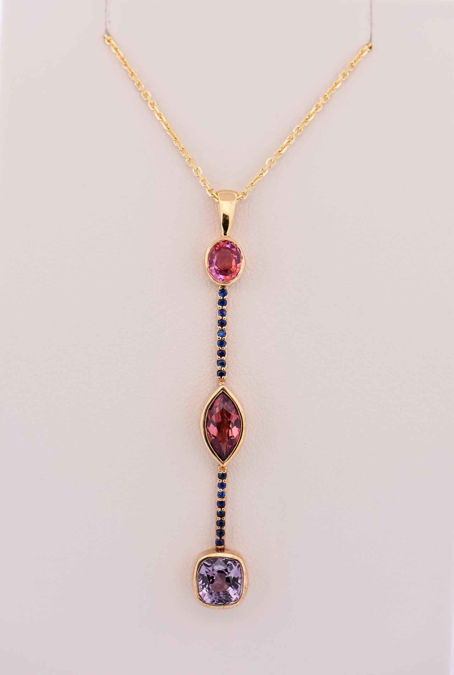 Custom 18k Pendant with Spinel, Garnet and Padparadscha & Blue Sapphires