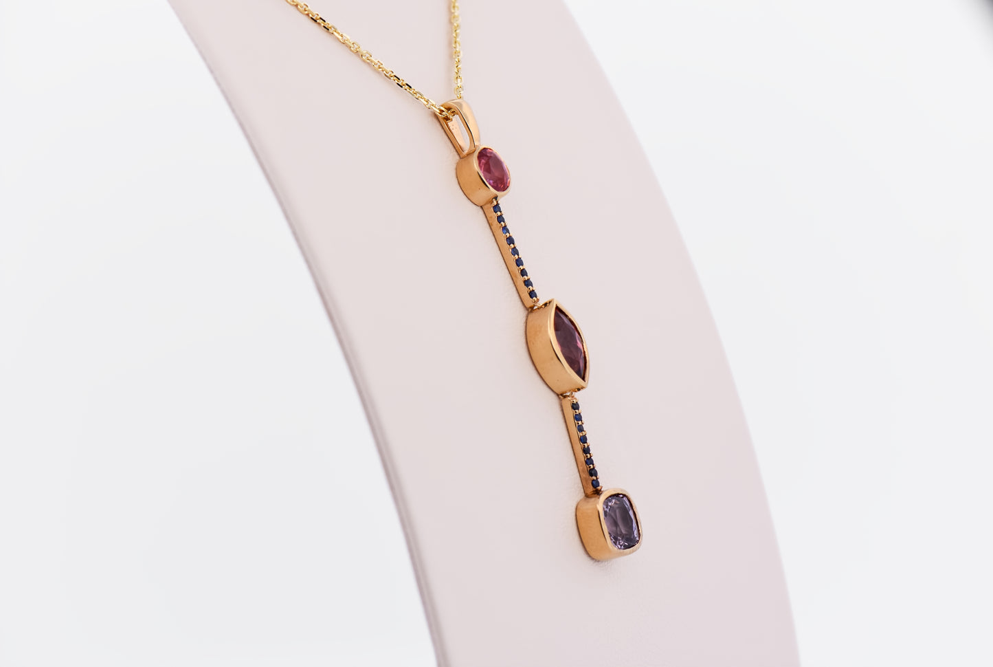 Custom 18k Pendant with Spinel, Garnet and Padparadscha & Blue Sapphires