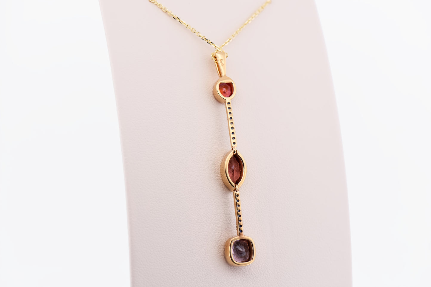 Custom 18k Pendant with Spinel, Garnet and Padparadscha & Blue Sapphires