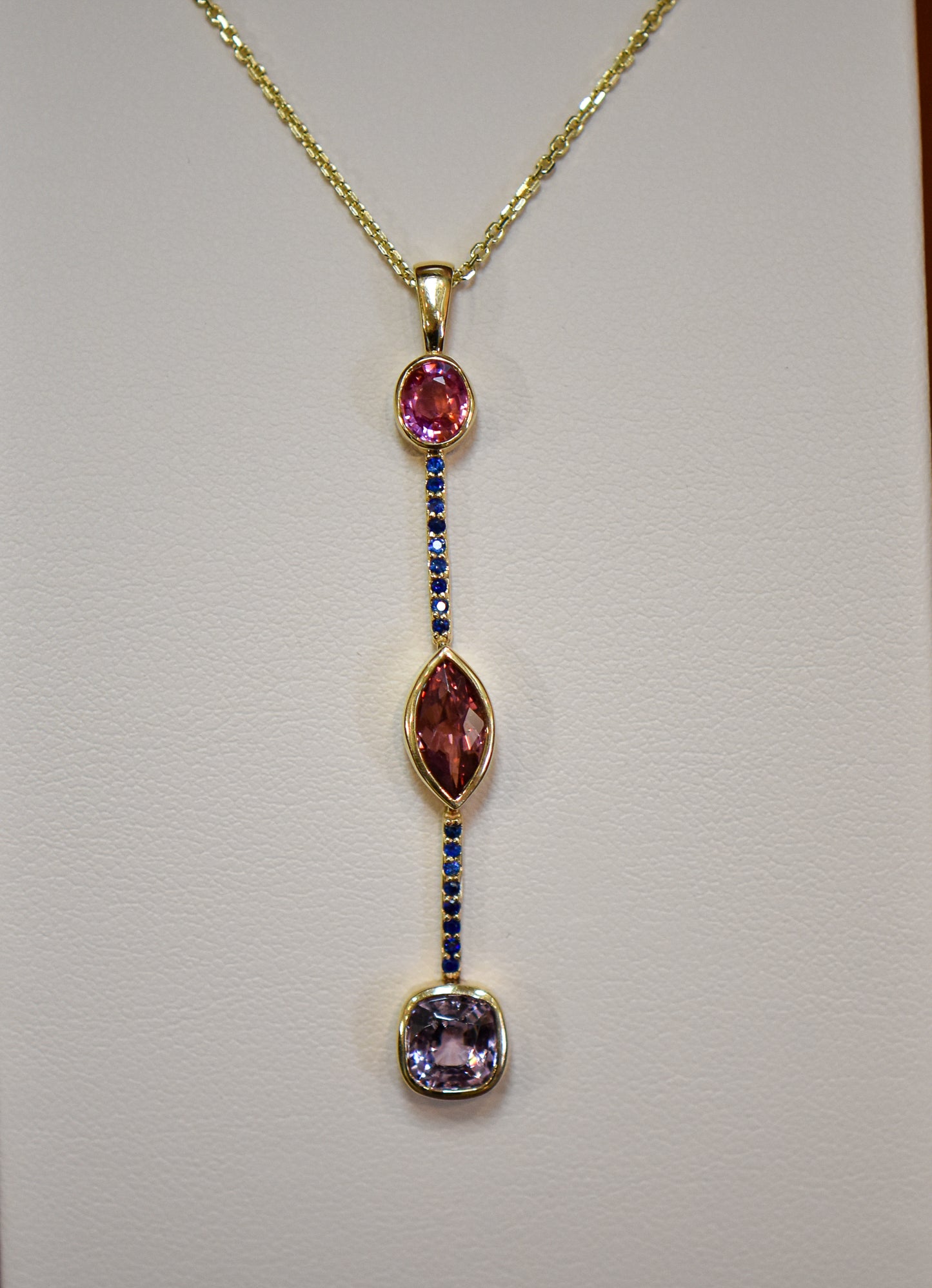 Custom 18k Pendant with Spinel, Garnet and Padparadscha & Blue Sapphires
