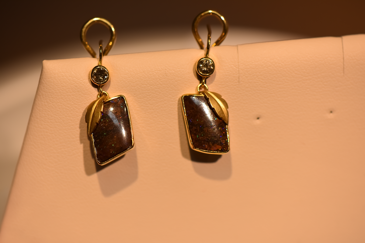 Custom Australian Boulder Opal Earrings with Champagne Diamonds - 18k Gold