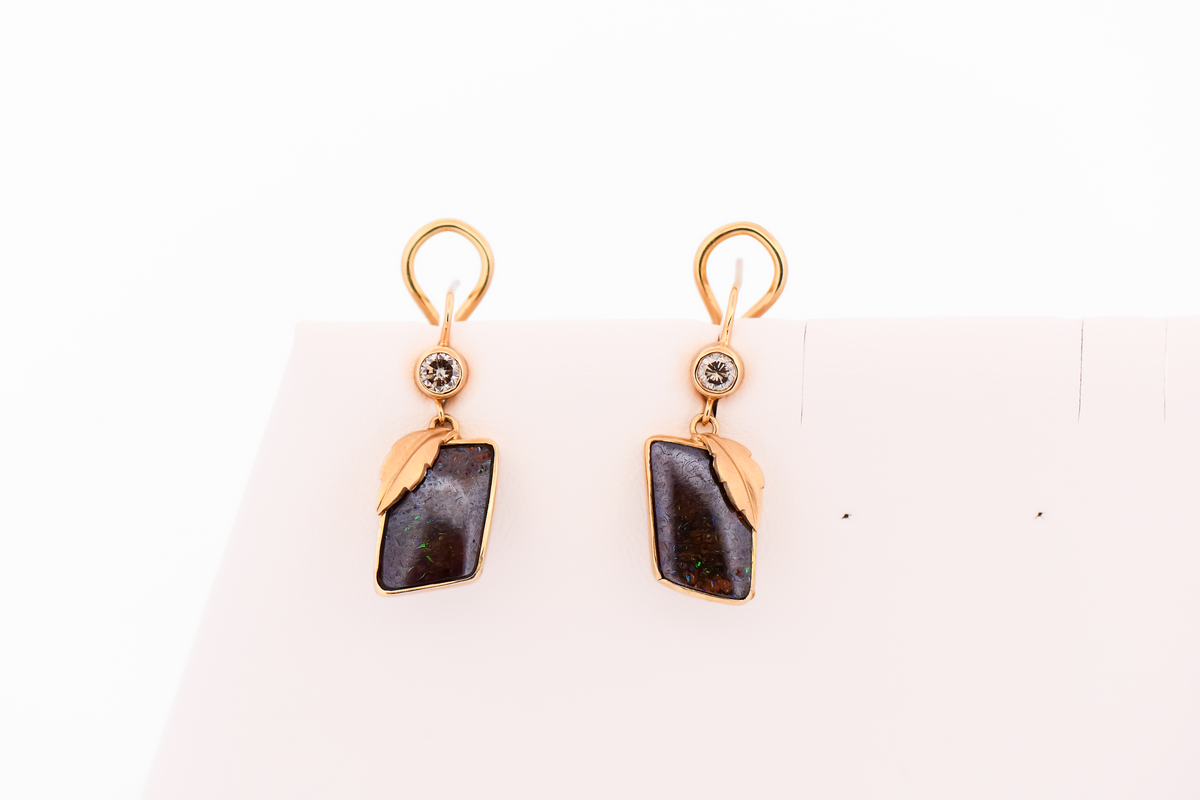 Custom Australian Boulder Opal Earrings with Champagne Diamonds - 18k Gold