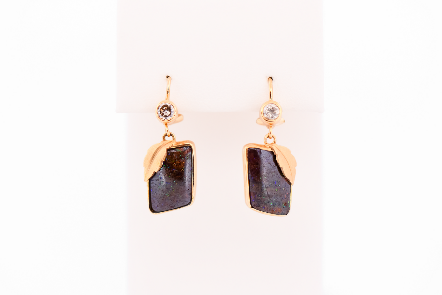 Custom Australian Boulder Opal Earrings with Champagne Diamonds - 18k Gold