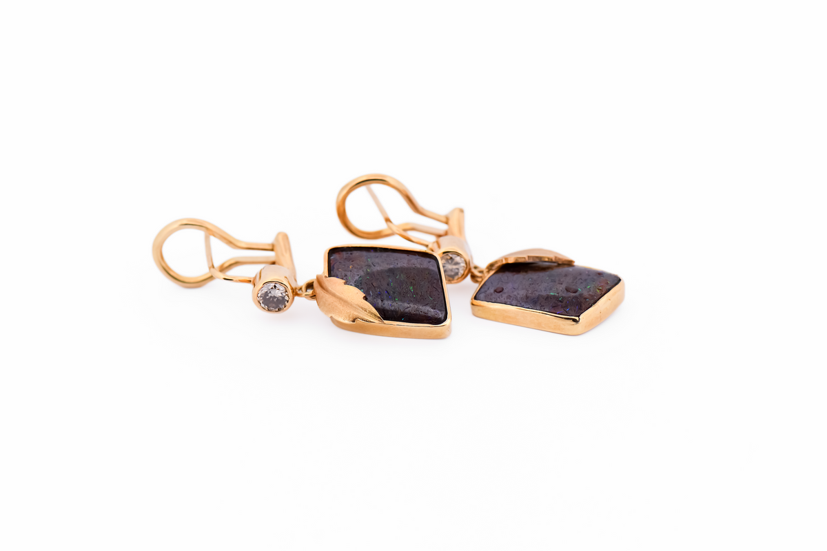 Custom Australian Boulder Opal Earrings with Champagne Diamonds - 18k Gold