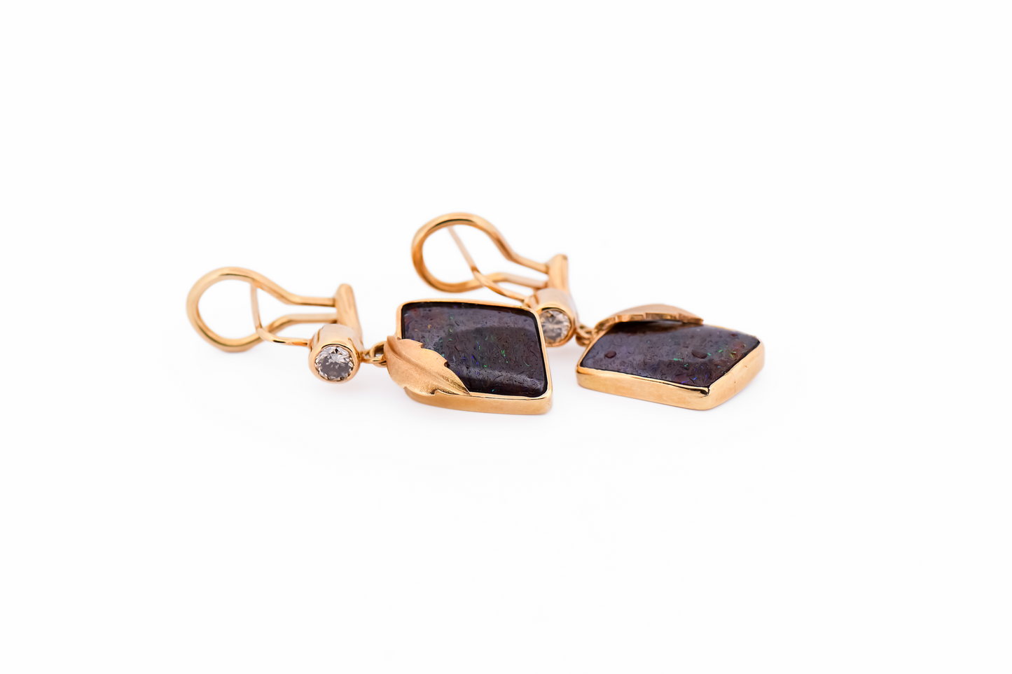 Custom Australian Boulder Opal Earrings with Champagne Diamonds - 18k Gold