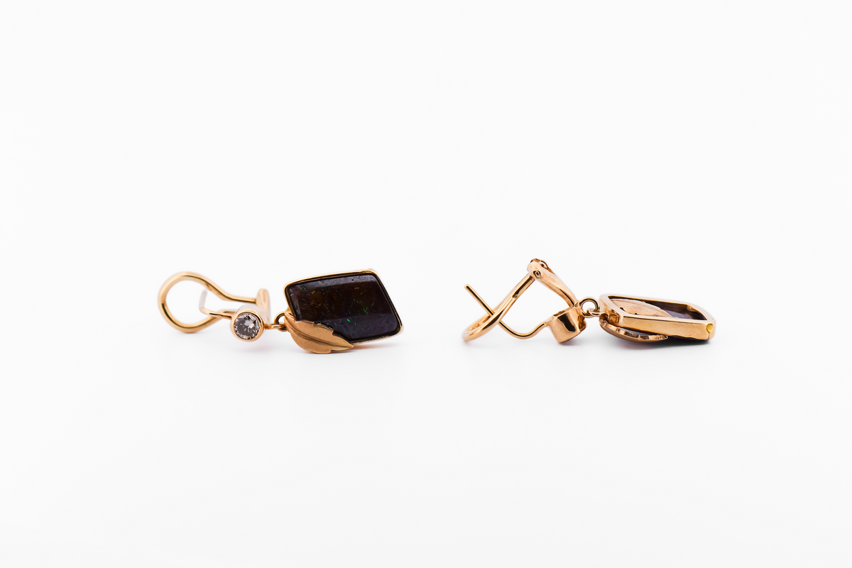 Custom Australian Boulder Opal Earrings with Champagne Diamonds - 18k Gold