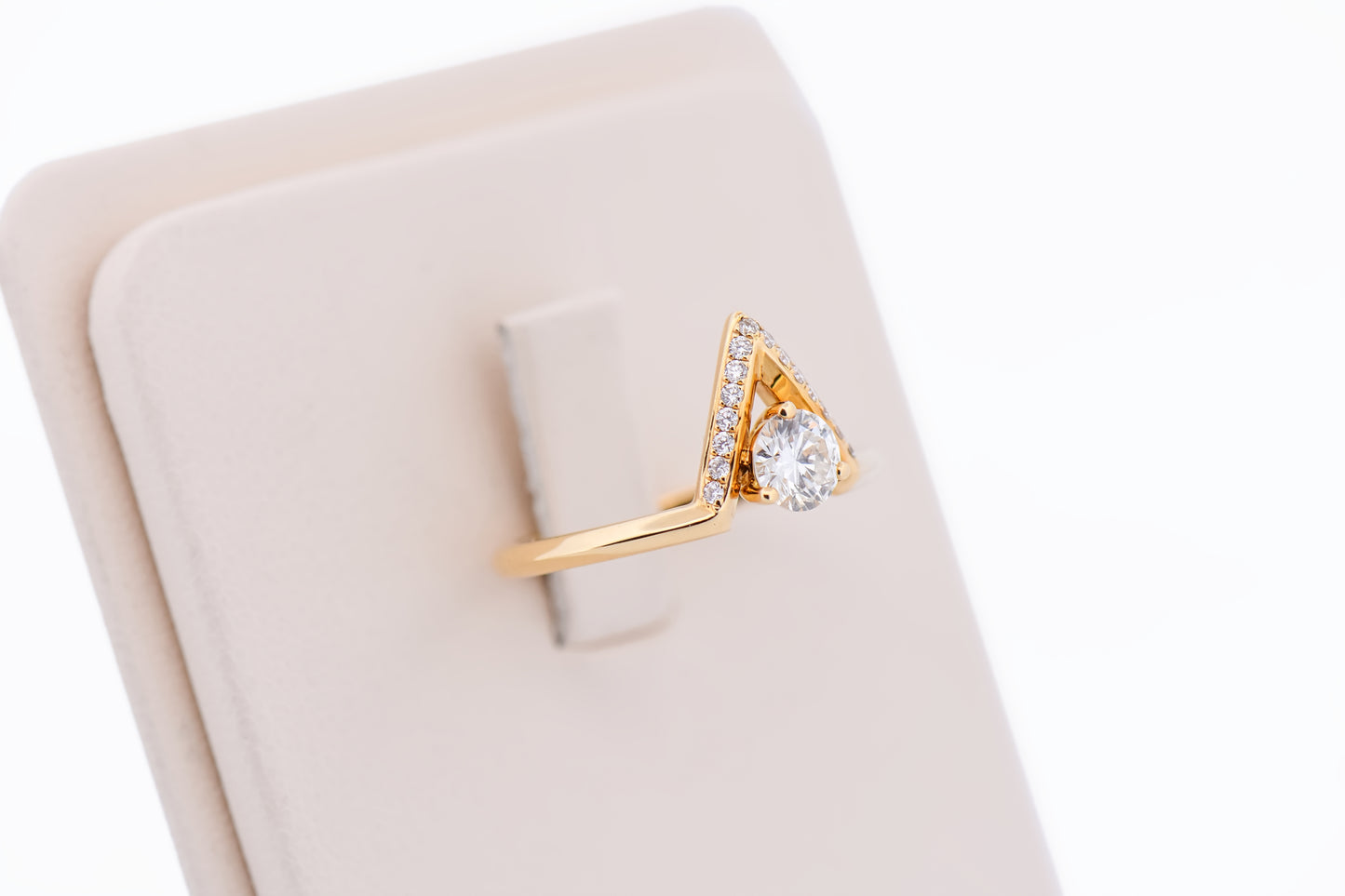 Custom Chevron Engagement Ring with Diamonds in 18k Yellow Gold