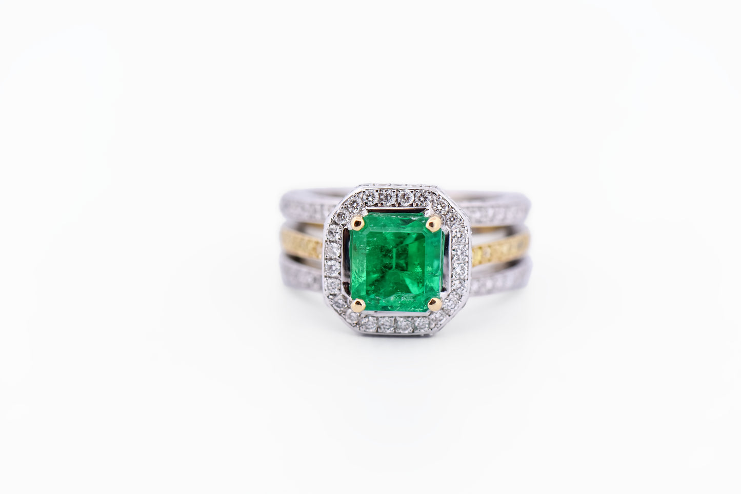 Custom Colombian Emerald Ring with Diamond Encrusted 18k Two Tone Setting