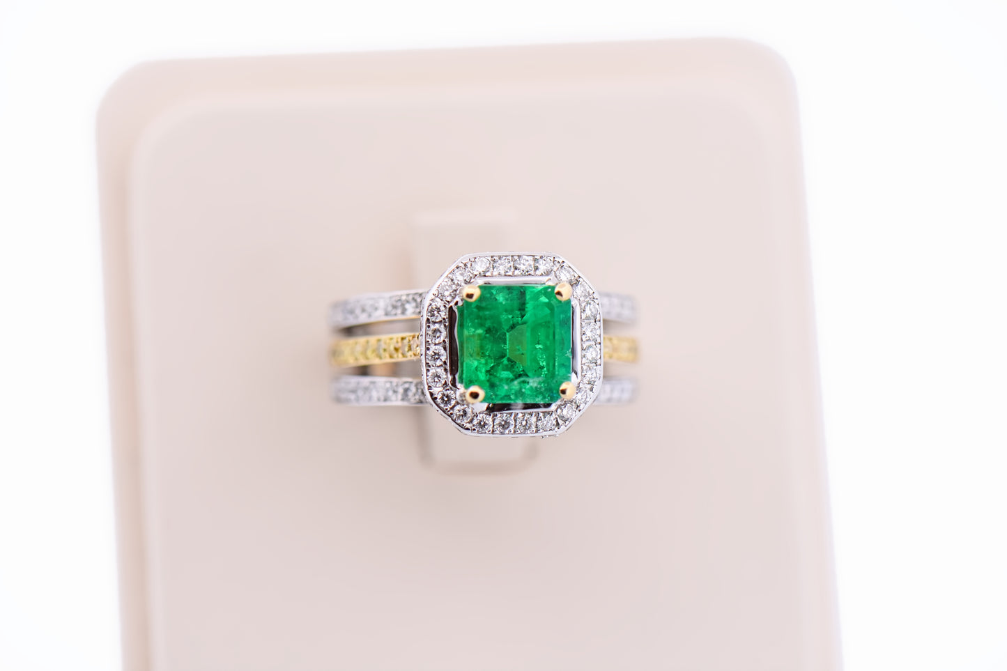 Custom Colombian Emerald Ring with Diamond Encrusted 18k Two Tone Setting