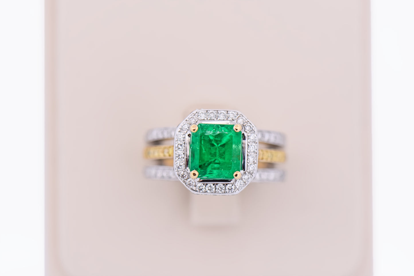 Custom Colombian Emerald Ring with Diamond Encrusted 18k Two Tone Setting