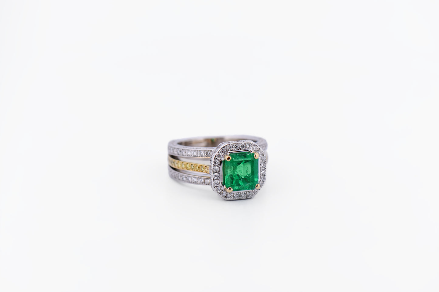 Custom Colombian Emerald Ring with Diamond Encrusted 18k Two Tone Setting