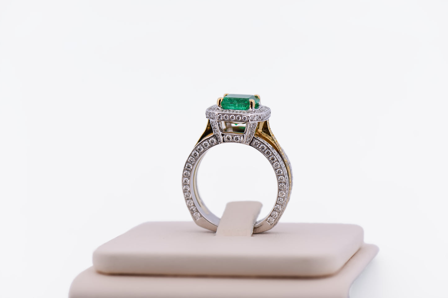 Custom Colombian Emerald Ring with Diamond Encrusted 18k Two Tone Setting