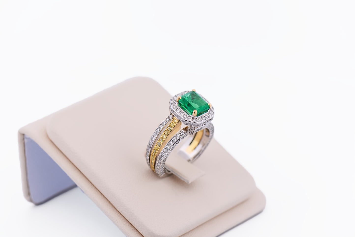 Custom Colombian Emerald Ring with Diamond Encrusted 18k Two Tone Setting