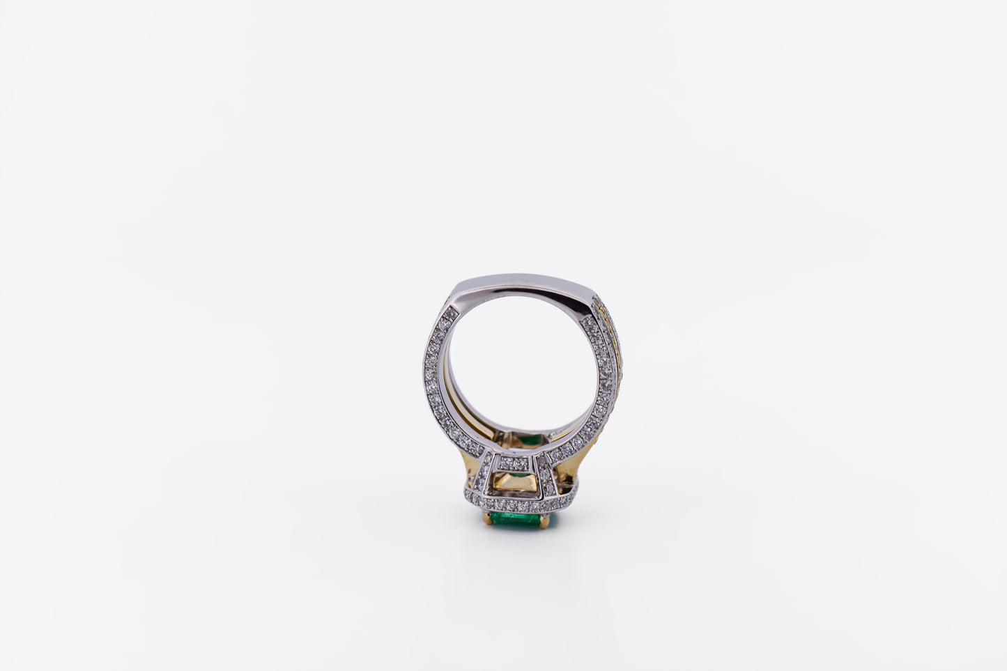 Custom Colombian Emerald Ring with Diamond Encrusted 18k Two Tone Setting