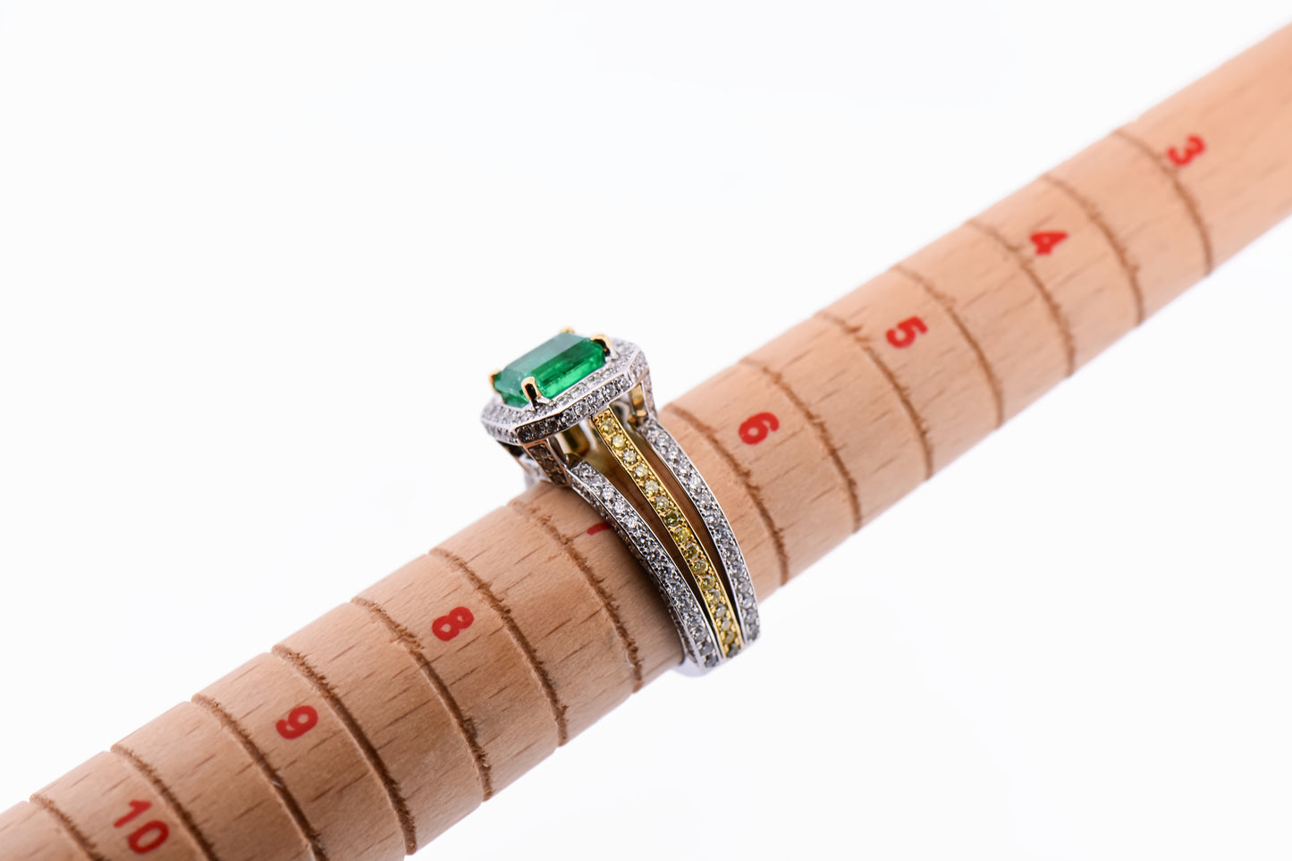 Custom Colombian Emerald Ring with Diamond Encrusted 18k Two Tone Setting