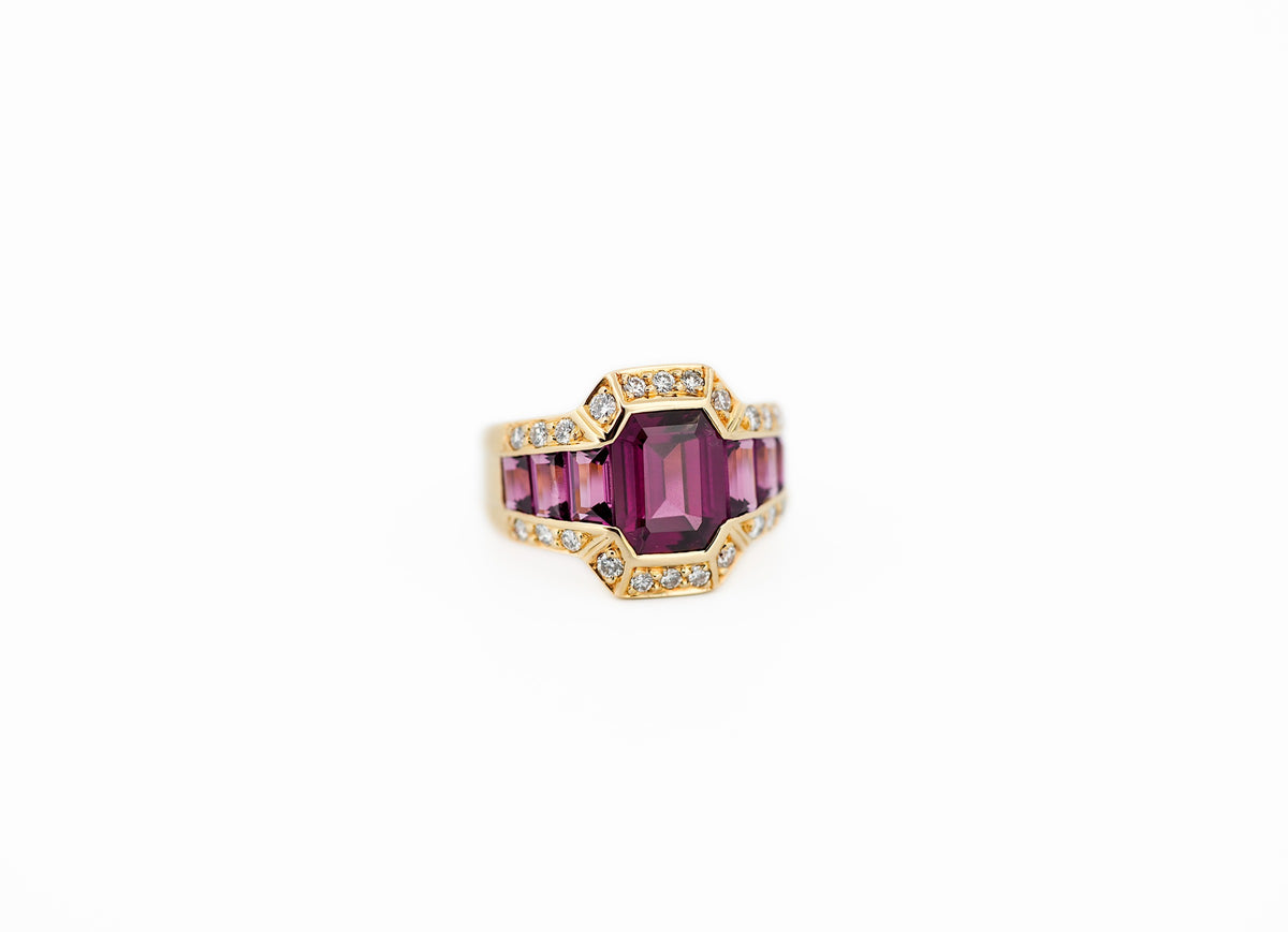 Custom Emerald Cut Rhodolite Garnet & Diamond Cocktail Ring in 18k Gold
