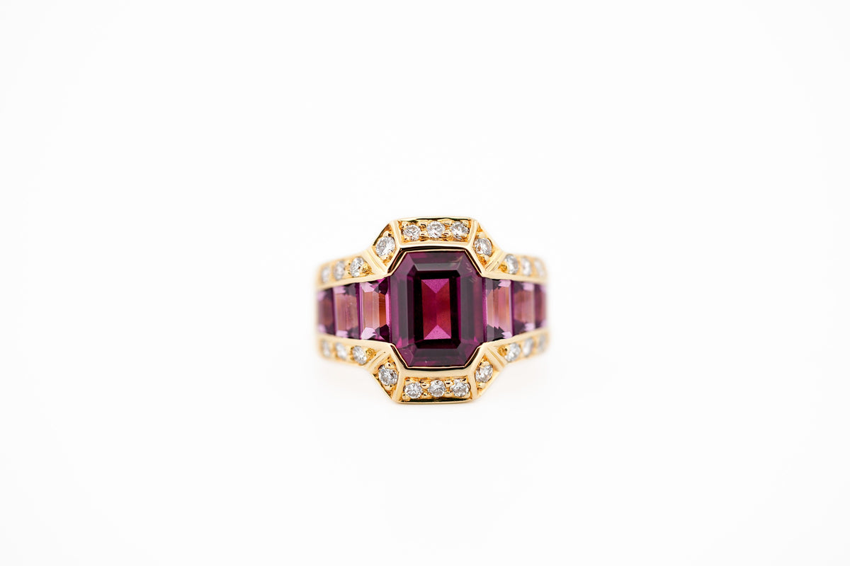 Custom Emerald Cut Rhodolite Garnet & Diamond Cocktail Ring in 18k Gold