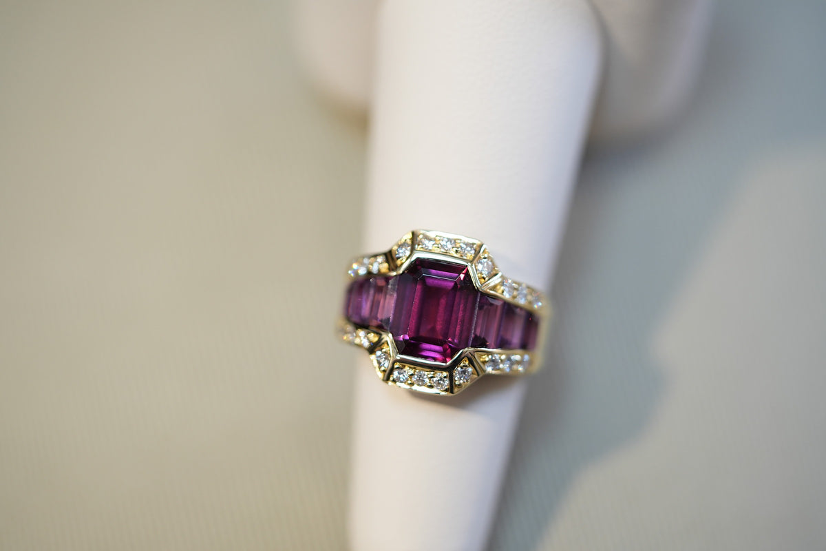 Custom Emerald Cut Rhodolite Garnet & Diamond Cocktail Ring in 18k Gold