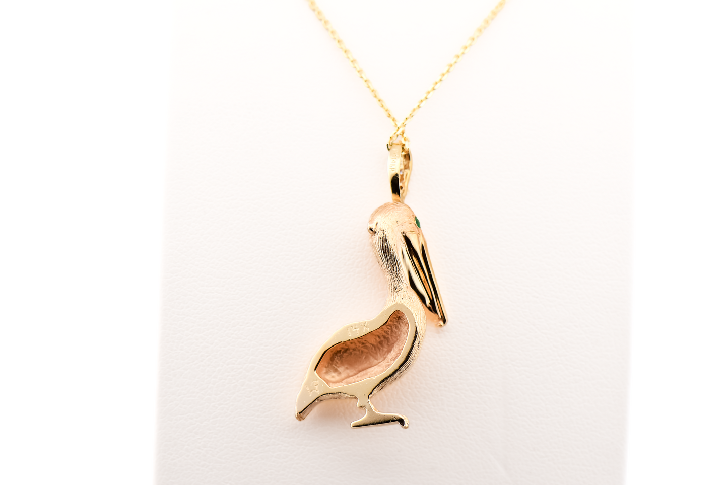 Custom Emerald & Diamond Pelican Pendant in Heavy 14k Yellow Gold