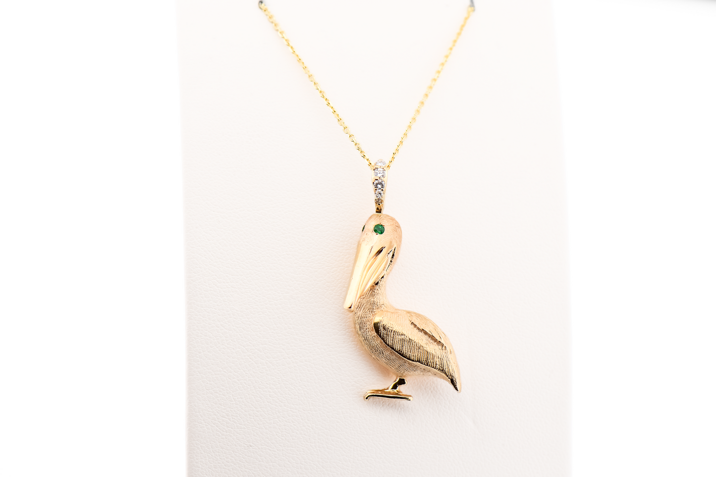 Custom Emerald & Diamond Pelican Pendant in Heavy 14k Yellow Gold