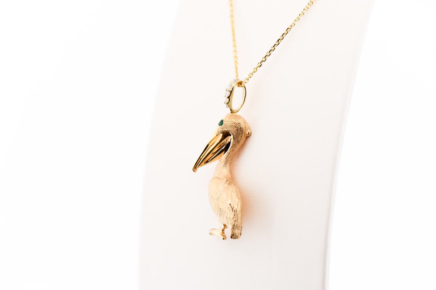 Custom Emerald & Diamond Pelican Pendant in Heavy 14k Yellow Gold