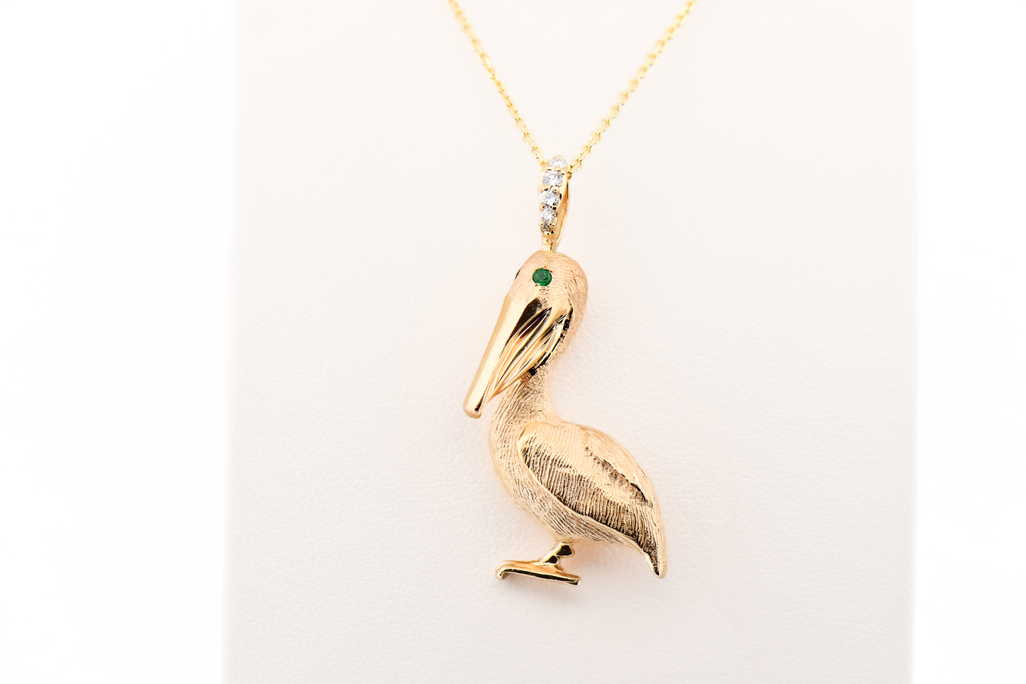 Custom Emerald & Diamond Pelican Pendant in Heavy 14k Yellow Gold