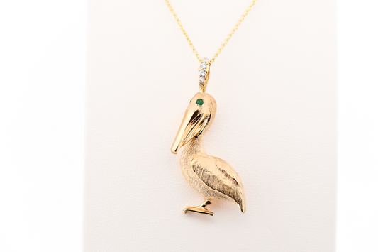 Custom Emerald & Diamond Pelican Pendant in Heavy 14k Yellow Gold