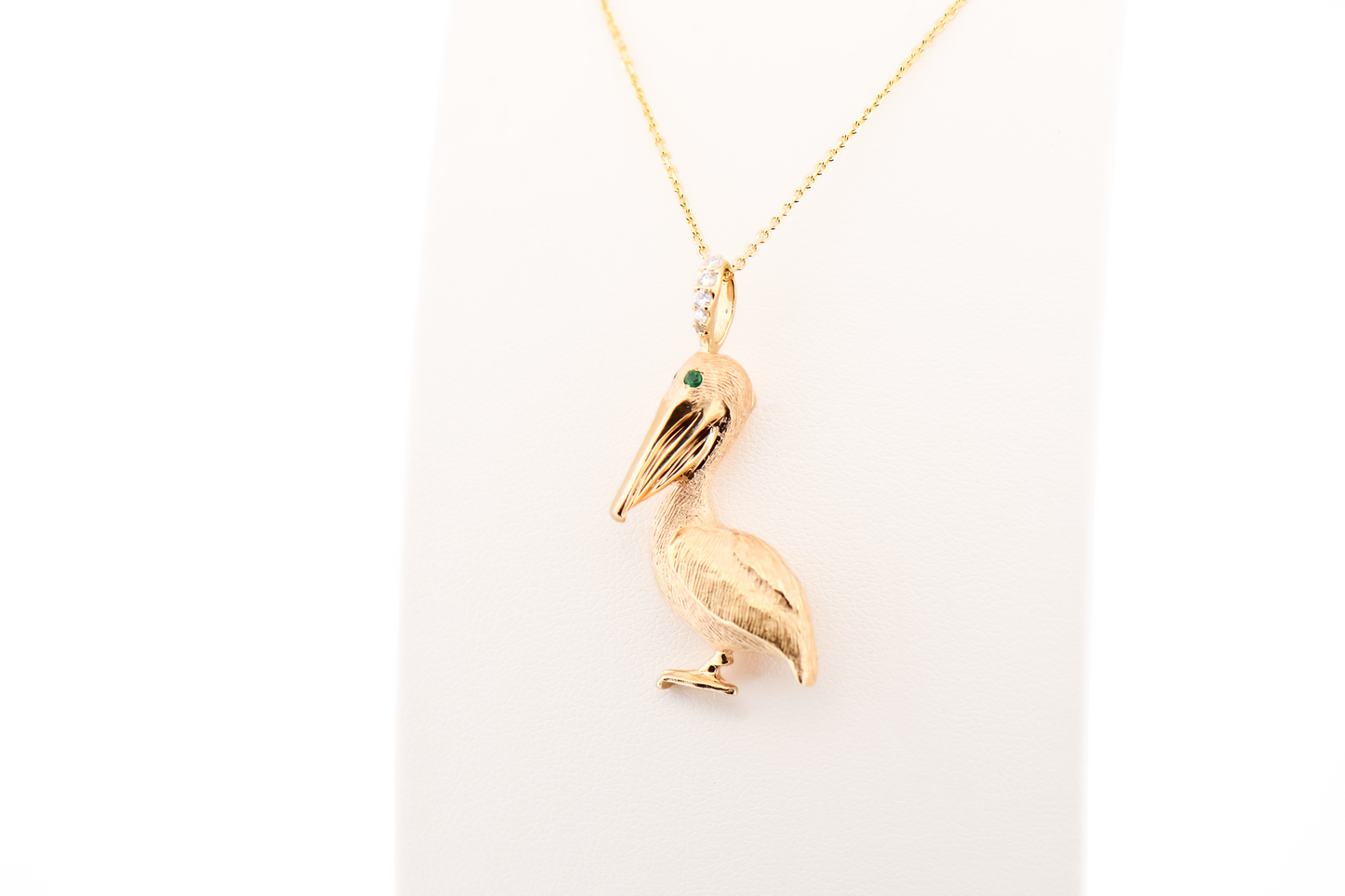 Custom Emerald & Diamond Pelican Pendant in Heavy 14k Yellow Gold