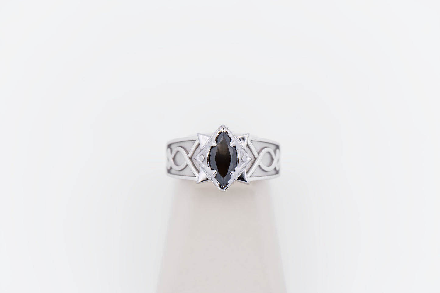 Custom Fantasy Themed Wedding Ring with Marquise Black Diamond