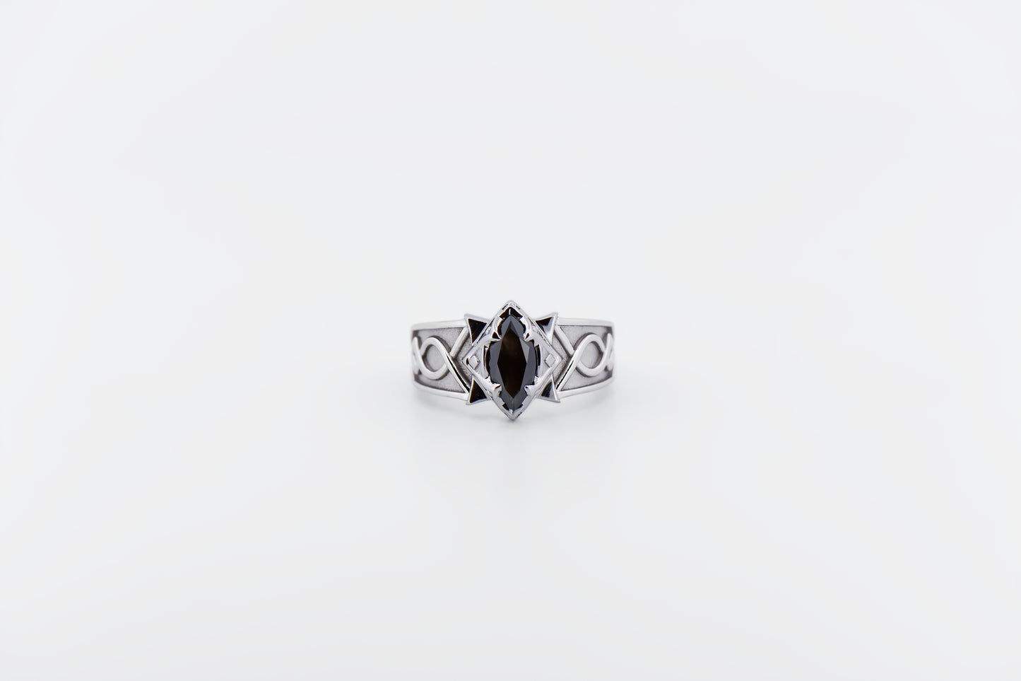 Custom Fantasy Themed Wedding Ring with Marquise Black Diamond