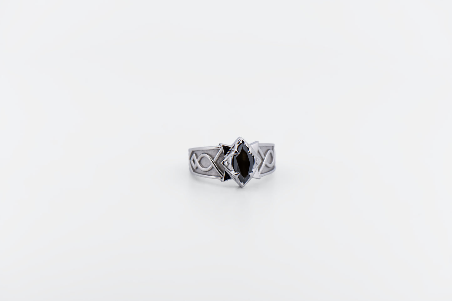Custom Fantasy Themed Wedding Ring with Marquise Black Diamond