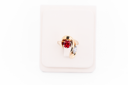 Custom Freeform Gold Ring with Neon Burma Red Spinel & Marquise Diamond