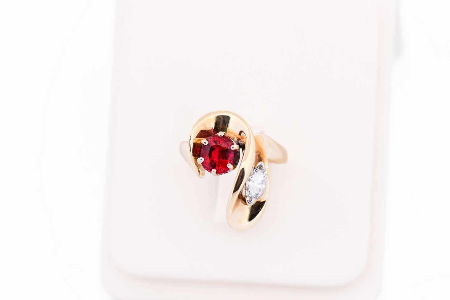 Custom Freeform Gold Ring with Neon Burma Red Spinel & Marquise Diamond
