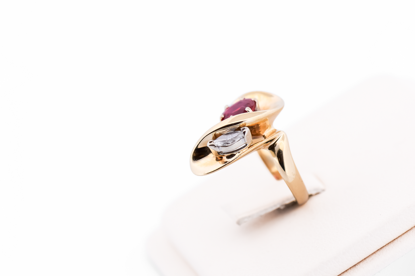 Custom Freeform Gold Ring with Neon Burma Red Spinel & Marquise Diamond
