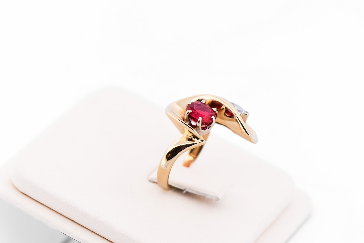 Custom Freeform Gold Ring with Neon Burma Red Spinel & Marquise Diamond