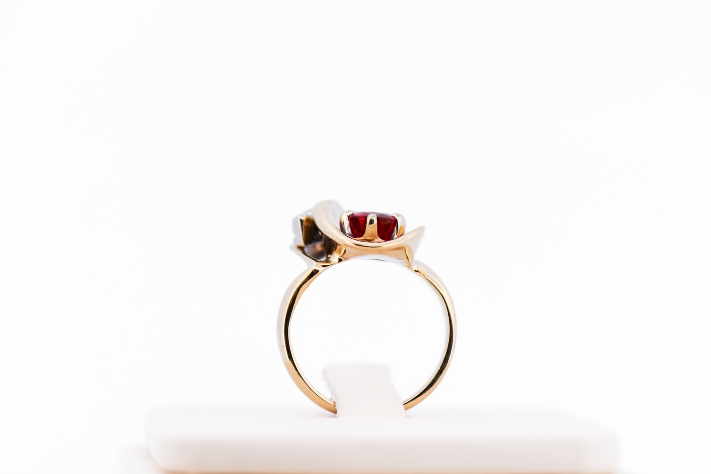 Custom Freeform Gold Ring with Neon Burma Red Spinel & Marquise Diamond