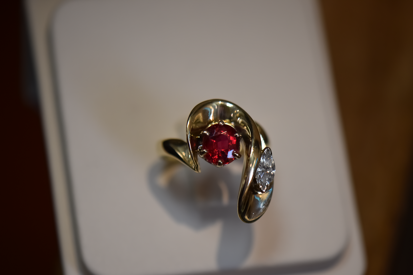 Custom Freeform Gold Ring with Neon Burma Red Spinel & Marquise Diamond