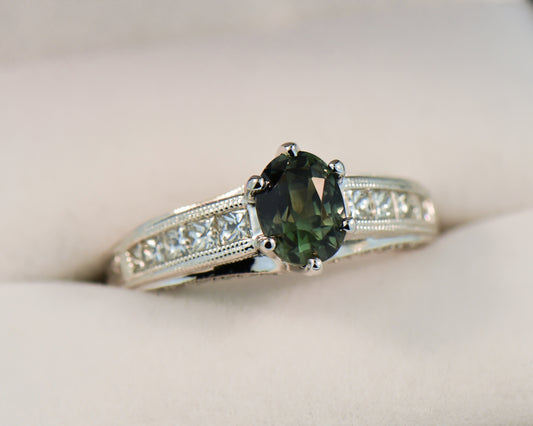 Custom Green Sapphire & Channel Set Diamond Engagement Ring