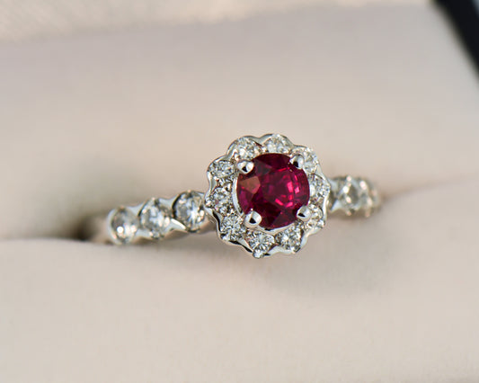 Custom Halo Engagement Ring with 1ct Round Burmese Pink-Red Ruby