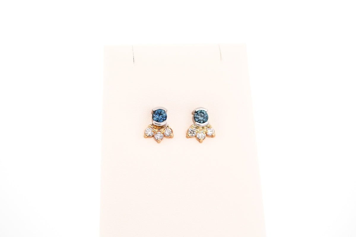 Custom Montana Teal Sapphire & Diamond Stud Earrings in Twotone Gold