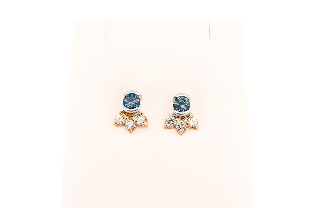 Custom Montana Teal Sapphire & Diamond Stud Earrings in Twotone Gold