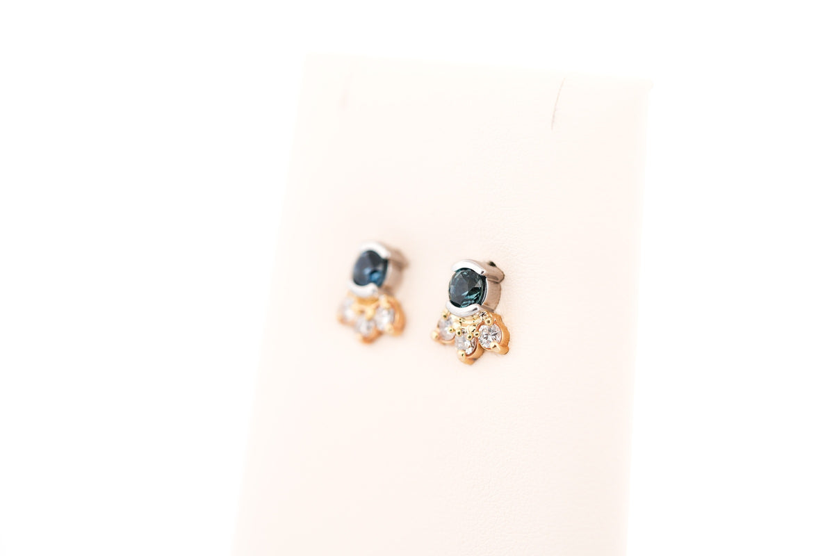 Custom Montana Teal Sapphire & Diamond Stud Earrings in Twotone Gold