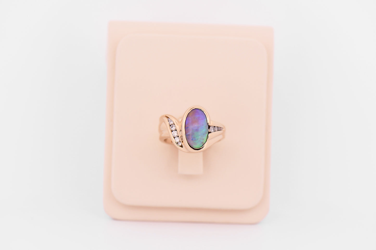 Custom Peacock Hued Black Crystal Opal Ring in 14k Yellow Gold