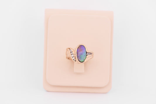 Custom Peacock Hued Black Crystal Opal Ring in 14k Yellow Gold