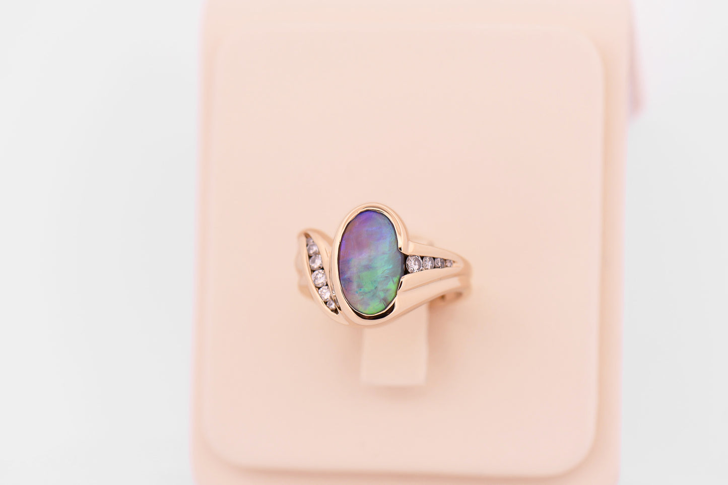 Custom Peacock Hued Black Crystal Opal Ring in 14k Yellow Gold