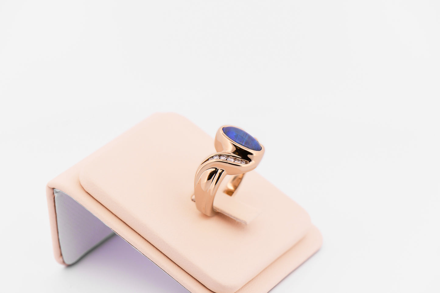 Custom Peacock Hued Black Crystal Opal Ring in 14k Yellow Gold