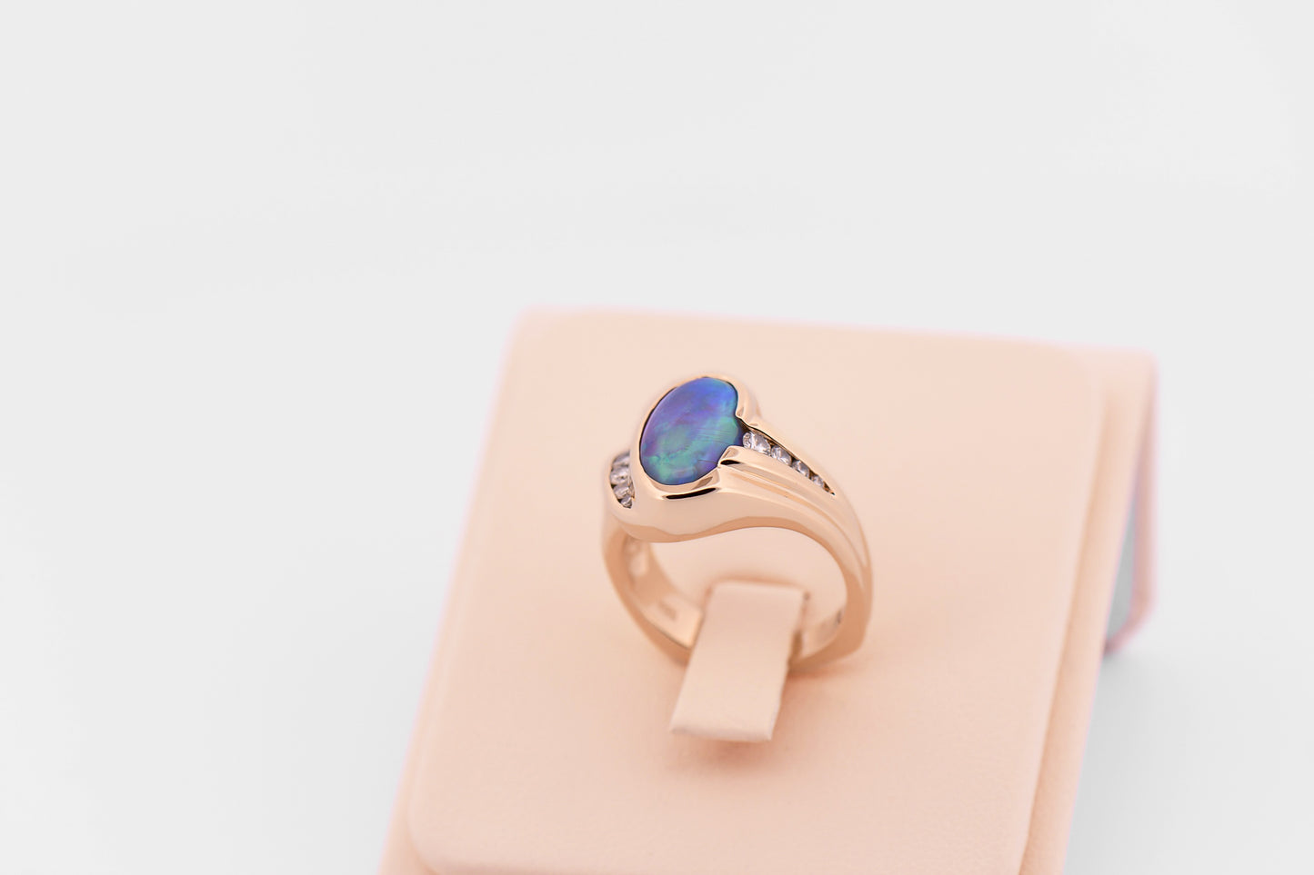 Custom Peacock Hued Black Crystal Opal Ring in 14k Yellow Gold