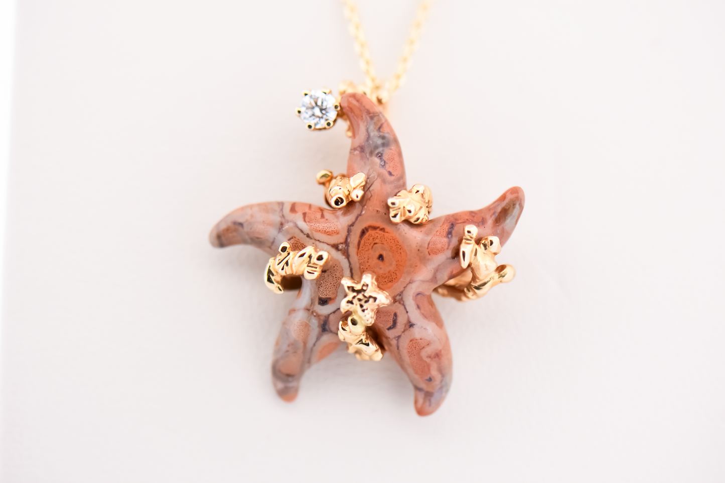 Custom Pendant with Carved Fossilized Coral Starfish in Textured Yellow Gold